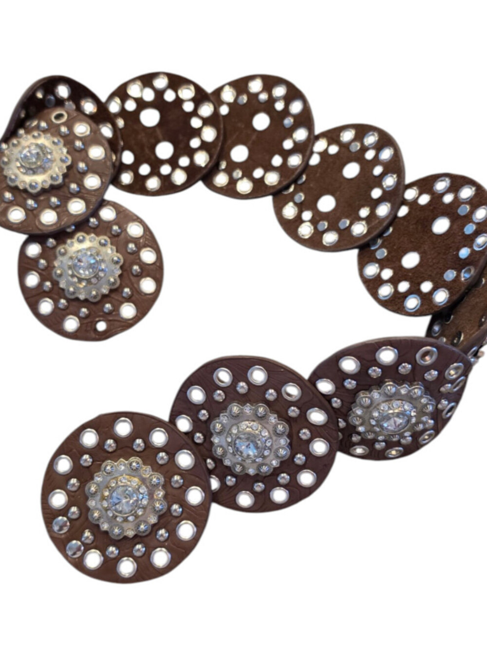 Vtg Womens Sz S brown faux leather circular disc bohemian statement belt NOCONA